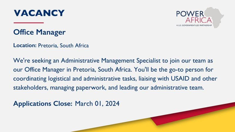📌Power Africa 📢 VACANCY: Join our team as an Office Manager in Pretoria, South Africa! As our Administrative Management Specialist you'll be the go-to person for coordinating logistical and administrative tasks, pnet.co.za/jobs--Office-M…
