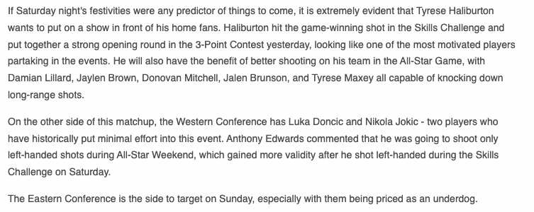 CommishFilmRoom's tweet image. I made 4⃣ bets on the All-Star Game &amp;amp; had a lot of fun 😎

🏀 Tyrese Haliburton 25+ points @ +440 ✅
🪜 Tyrese Haliburton 30+ points @ +870 ✅
🏀 LeBron James u20.5 points @ -110 ✅
🏀 Eastern Conference ML @ +125 ✅

#NBA | #NBAAllStar2024 | #GamblingX