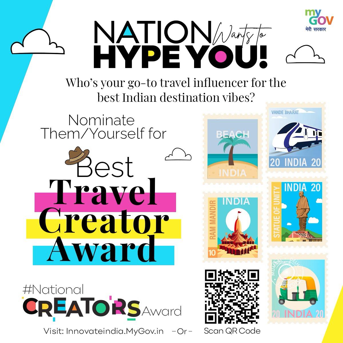 Who's lighting up your travel dreams? 
It's time to nominate the ultimate wanderlust-inspiring creator for the Best Travel Creator award at the #NationalCreatorsAward! 

Visit: innovateindia.mygov.in/national-creat…

Last Date: 21st, Feb 2024

#NominateNow #TravelVlogger