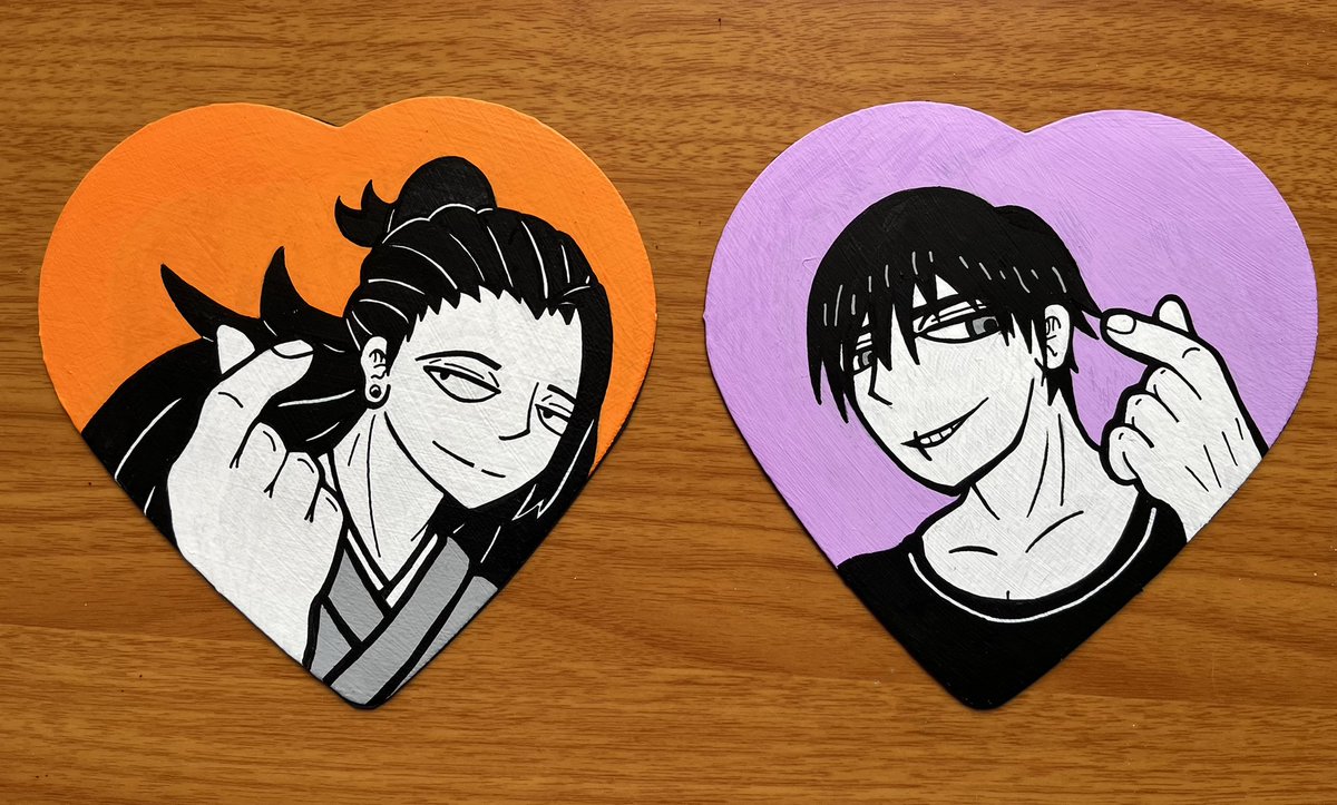 A Geto and Toji heart for my loves <a href="/procrastartist/">chiken nugget 🧡 commissions open 🧡</a> and <a href="/touyatraumaroki/">l.</a> 🧡💜 I’m very rusty with my traditional art 🫠

#JJK #JujutsuKaisen #GetoSuguru #TojiFushiguro #geto #toji #jjkgeto #jjktoji #fanart #giftart #poscaart