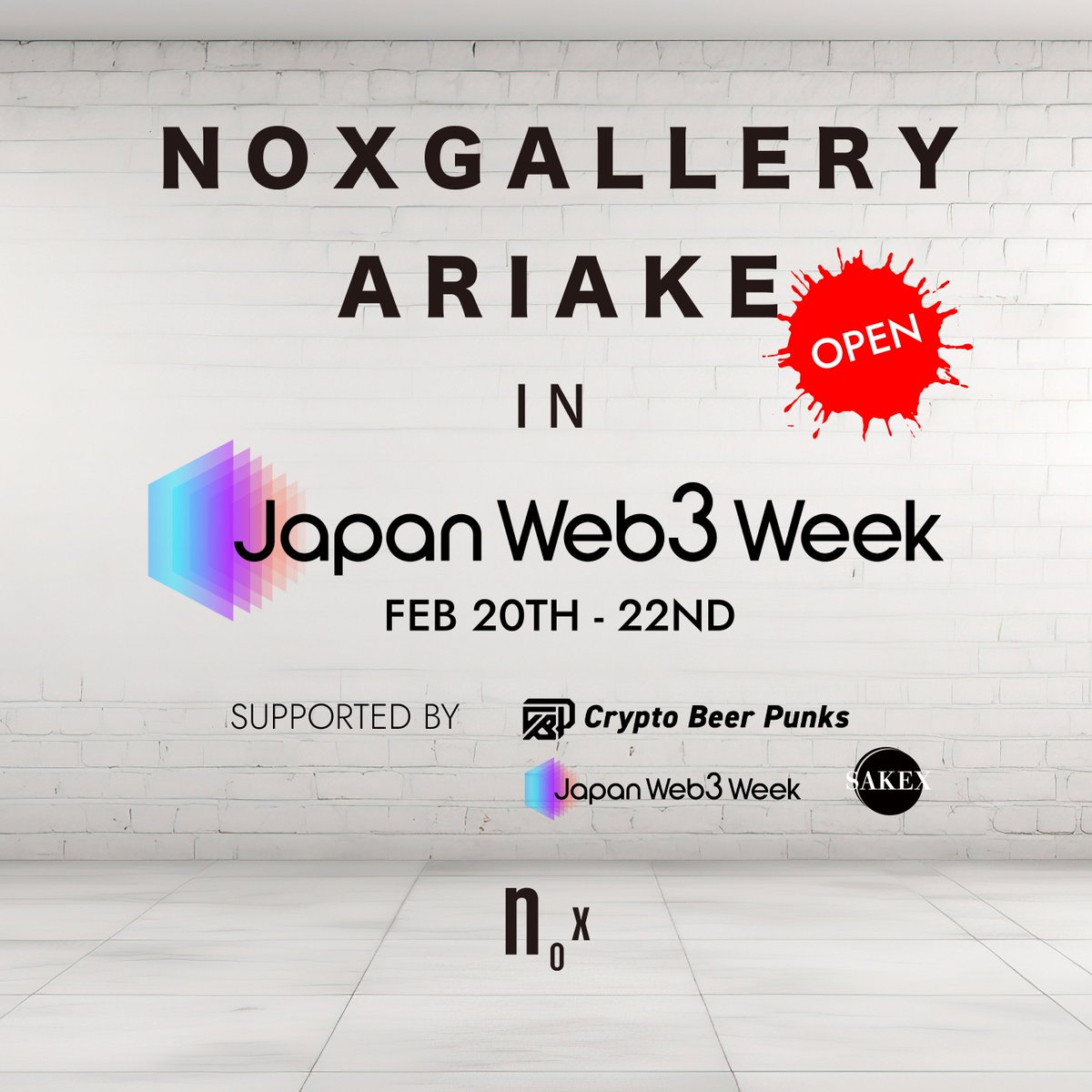 NoxGallery's tweet photo. 🔥JAPAN WEB3 WEEK🔥
💫💫💫💫💫💫💫 💫 💫
⭐️NOX Gallery ARIAKE⭐️

いよいよ明日OPEN ! 国内最大級のWeb3イベント「JAPAN WEB3 WEEK 」にNOX GalleryがOPEN! 公募で選ばれた国内外のアーティストによる作品を展示&販売します！

🗓️会場・期間
東京ビッグサイト　東７ホール
2/20(火)-22(木)  10:00- 17:00

⭐️150㎡のエリアをNOX が独占。DJブースやバーカウンター、ソファを配し、NOX Gallery EBISU さながらのWeb3 IRL体験をしていただきます。

⭐️展示作品から選ばれた @GranadaHero 氏の作品をラベルにした「JAPAN WEB3 WEEK 」開催記念 @CryptoBeerPunks X @NOXGallery コラボ ビール「NOX Gallery Ale 」を先着150名様に無料配布！

⭐️推し酒コレクション by SAKEX 【米鶴酒造】米鶴スパークリング 試飲会! ※数に限りがあります。

🔥 @foundation内NOX特設ページにて展示の作品を2月20日10時より販売開始。数量限定の作品もありますのでお早めにどうぞ！※購入先リンクはリプ欄へ

協力・協賛
JapanWeb3Week実行委員会 @jw3w_official 
Crypto Beer Punks  @CryptoBeerPunks 
SAKEX @guricoproduce @Fuji_pairing
Pudgy Penguins @pudgypenguins 
Pudgy Penguins Japan @PudgyJapan 
CAL/「クリプトニンジャ」製作委員会 @CN_Sakuya_Anime 
LOM BABY @LOMBABYnft

■アーティスト
@tentamasoba1016
@marodori_japan
@cromwellvzla
＠mirotta21
@BLOSSOM_taste
 @emma_sam_art
@MelomanRocks
@Shozo_Jp
@GranadaHero
@yaminoyukari
@kazushi_fujii_
@monkochan86
@mai_sketch
@mandokoro
@Kay_DF_
@mandokoro
@AIRUCHAN_NFT
@nakaliang_
@wondermundo

#NOXJapanWeb3Week