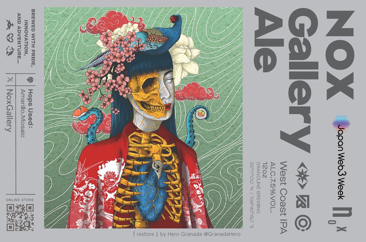 NoxGallery's tweet photo. 🔥JAPAN WEB3 WEEK🔥
💫💫💫💫💫💫💫 💫 💫
⭐️NOX Gallery ARIAKE⭐️

いよいよ明日OPEN ! 国内最大級のWeb3イベント「JAPAN WEB3 WEEK 」にNOX GalleryがOPEN! 公募で選ばれた国内外のアーティストによる作品を展示&販売します！

🗓️会場・期間
東京ビッグサイト　東７ホール
2/20(火)-22(木)  10:00- 17:00

⭐️150㎡のエリアをNOX が独占。DJブースやバーカウンター、ソファを配し、NOX Gallery EBISU さながらのWeb3 IRL体験をしていただきます。

⭐️展示作品から選ばれた @GranadaHero 氏の作品をラベルにした「JAPAN WEB3 WEEK 」開催記念 @CryptoBeerPunks X @NOXGallery コラボ ビール「NOX Gallery Ale 」を先着150名様に無料配布！

⭐️推し酒コレクション by SAKEX 【米鶴酒造】米鶴スパークリング 試飲会! ※数に限りがあります。

🔥 @foundation内NOX特設ページにて展示の作品を2月20日10時より販売開始。数量限定の作品もありますのでお早めにどうぞ！※購入先リンクはリプ欄へ

協力・協賛
JapanWeb3Week実行委員会 @jw3w_official 
Crypto Beer Punks  @CryptoBeerPunks 
SAKEX @guricoproduce @Fuji_pairing
Pudgy Penguins @pudgypenguins 
Pudgy Penguins Japan @PudgyJapan 
CAL/「クリプトニンジャ」製作委員会 @CN_Sakuya_Anime 
LOM BABY @LOMBABYnft

■アーティスト
@tentamasoba1016
@marodori_japan
@cromwellvzla
＠mirotta21
@BLOSSOM_taste
 @emma_sam_art
@MelomanRocks
@Shozo_Jp
@GranadaHero
@yaminoyukari
@kazushi_fujii_
@monkochan86
@mai_sketch
@mandokoro
@Kay_DF_
@mandokoro
@AIRUCHAN_NFT
@nakaliang_
@wondermundo

#NOXJapanWeb3Week