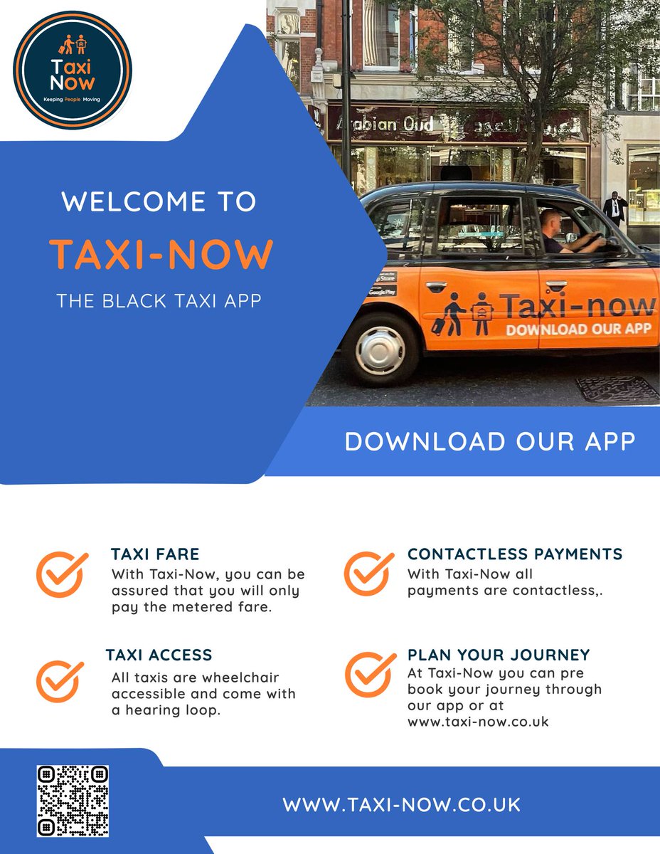 Taxi-Now - The London Taxi App

✅ TFL Metered Fare

✅ Pre-Book on our app

✅ Contactless Payments

✅ All taxis are wheelchair accessible

✅ Never pay more than the metered fare

Scan the QR code and download our customer app

#taxinowapp #taxinowpr #london #blacktaxi
