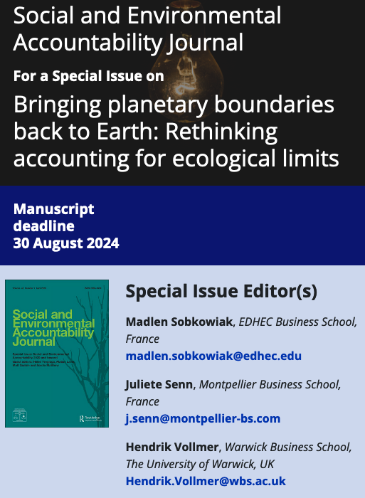 Call for Papers! #SEAJ Special Issue- Bringing planetary boundaries back to Earth: Rethinking #accounting for #ecological limits SI Eds: @madlen_sob, @SennJul, @hendrikvollmer @csearUK think.taylorandfrancis.com/special_issues…