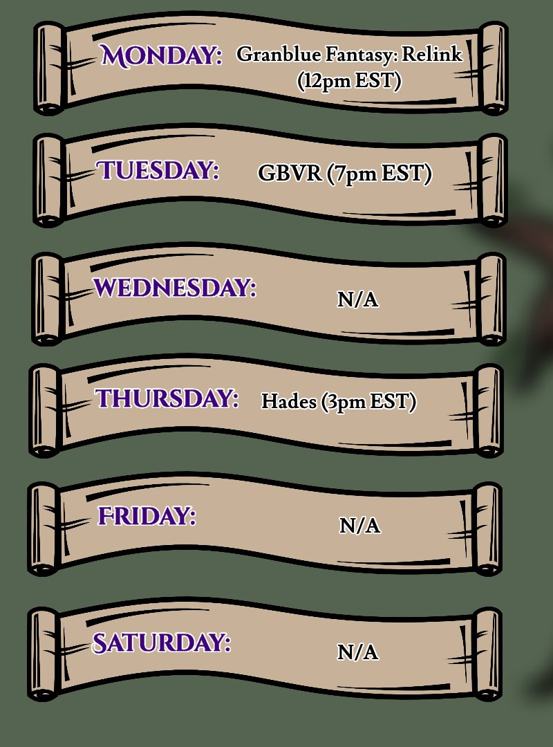 Schedule for this week,

~Monday (2/19): Granblue Fantasy: Relink at 12pm EST
~Tuesday (2/20): Granblue Fantasy Versus: Rising at 7pm EST
~Wednesday (2/21): N/A
~Thursday (2/22): Hades at 3pm EST
~Friday (2/23): N/A
~Saturday (2/24): N/A
