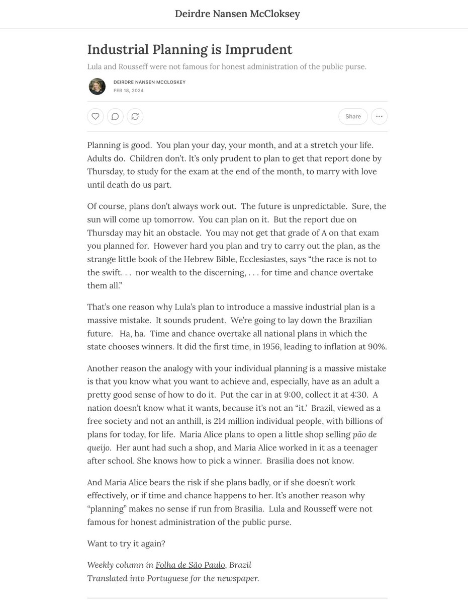 A nation doesn’t know what it wants, because it’s not an “it.' Brazil, viewed as a free society and not an anthill, is 214 million individual people, with billions of plans for today, for life. My column for Folha de S.Paulo. Also on my Substack: mccloskey.substack.com