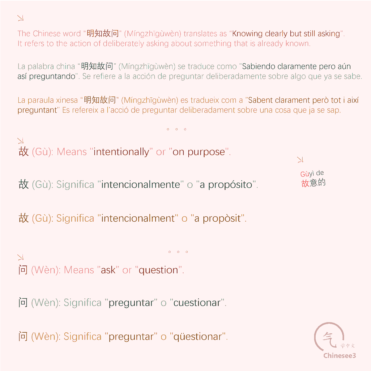 OlgaQuibus's tweet photo. 明知故问
Míngzhīgùwèn
- (Idiom) To ask a question, already knowing the answer.
- (Modismo) Hacer una pregunta, sabiendo ya la respuesta.
- (Modisme) Fer una pregunta, ja sabent la resposta.

Chinesee3 🥢 https://t.co/p9WAiW8ozn