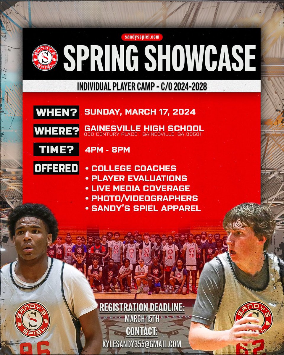 #SandysSpielSpringShowcase
🗓 March 17
📍 Gainesville High School
⏰ Boys 4 PM

🗣 C/O 2024-2028🗣 

‼️NOT INVITE ONLY‼️

Make a name for yourself before travel ball starts with skill work and game play

⚠️ Deadline: March 15⚠️

REGISTER: sandysspiel.redpodium.com/2024-sandys-sp…