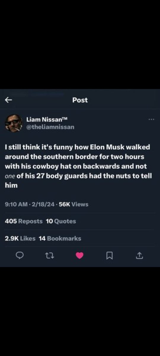 Hey my muchachos! <a href="/elonmusk/">Elon Musk</a> is a giant anti free speech weenie! Free <a href="/theliamnissan/">Liam Nissan™</a> !!!
