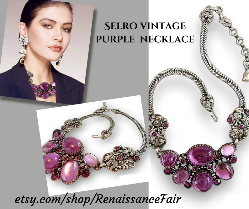 #necklace #vintage #Selro #unsigned #designer #confirmed #purple #glass #highDome #cabochons #foxTailchain #bibNecklace #silvertone #ornate #fancy #evening #jellyBelly #rhinestones
