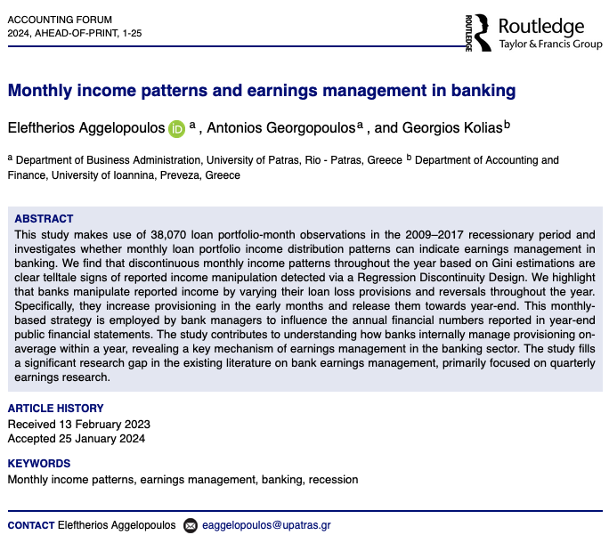 📢 Hot Off the Press in #AccForum: Monthly #income patterns and #earnings #management in #banking by Eleftherios Aggelopoulos, Antonios Georgopoulos & Georgios Kolias @upatras, Uni of Ioannina @tandfonline tandfonline.com/doi/full/10.10…