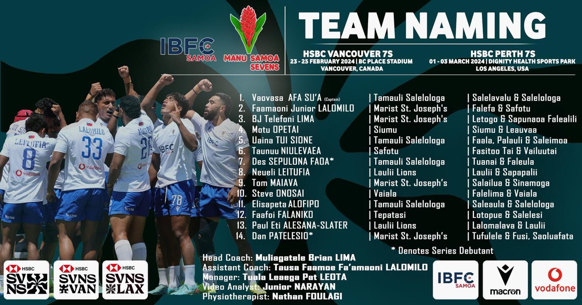Manu Samoa 7s Squad for the 2024 Vancouver Sevens and L.A. Sevens Rugby #WeAreManuSamoa7s | #HSBCSVNS | #HSBCVAN | #HSBCLAX | #Samoa7s | #GoManu