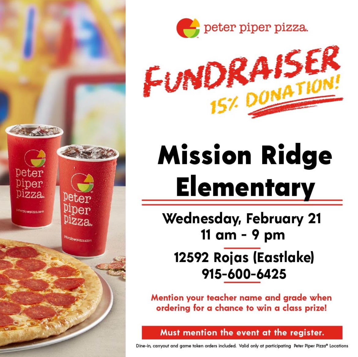 HOOT! HOOT! HOOT! Who wants to skip the cooking on Wednesday this week? 🙋🏻‍♀️
Join us in supporting our MRES Owls at Peter Piper Pizza! 🦉
#ManyMindsOneMission 
#TeachLikeAChamp 
#VoxCorVita