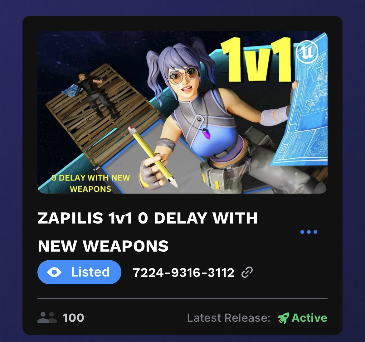 Zapilis_'s tweet photo. Yessir 100 players I appreciate you guys so much❤️ keep playing the map and don’t forget to like and favorite it!
Map Code: 7224-9316-3112
#Fortnite #FortniteCreative #UEFN https://t.co/UZ0PYsHtnL
