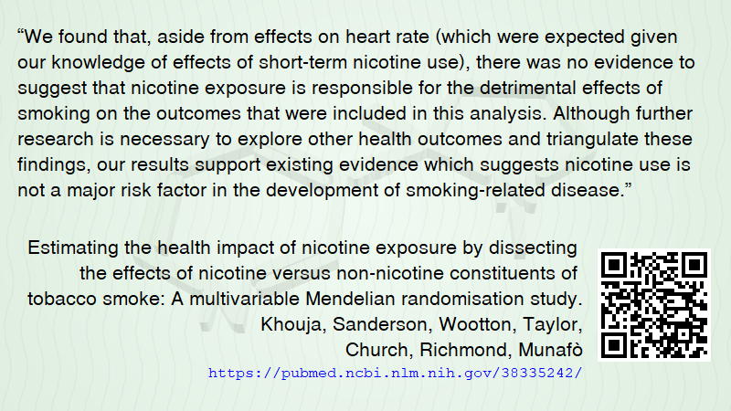 BlogThr's tweet image. “.. our results support existing evidence which suggests #nicotine use is not a major risk factor in the development of #smoking-related disease.” 
Khouja, Sanderson, Wootton, Taylor, Church, Richmond, Munafò 
journals.plos.org/plosgenetics/a…