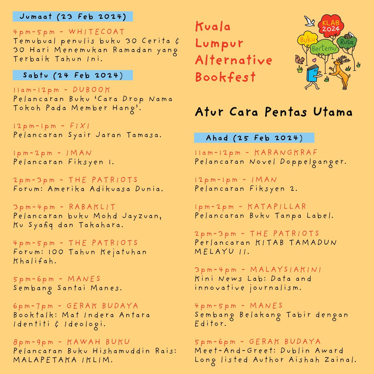 BukuFixi's tweet photo. Khamis hingga Ahad ini ~ #KLAB2024 (KL Alternative Bookfest) kembali ke Central Market KL yang kini berwajah baru!
Kami ada slot pentas untuk pelancaran #SyairJaranTamasa pada Sabtu 12pm.
Semua buku Fixi yang masih in print akan dijual sepanjang 4 hari ini. https://t.co/yLyTUbRCyE