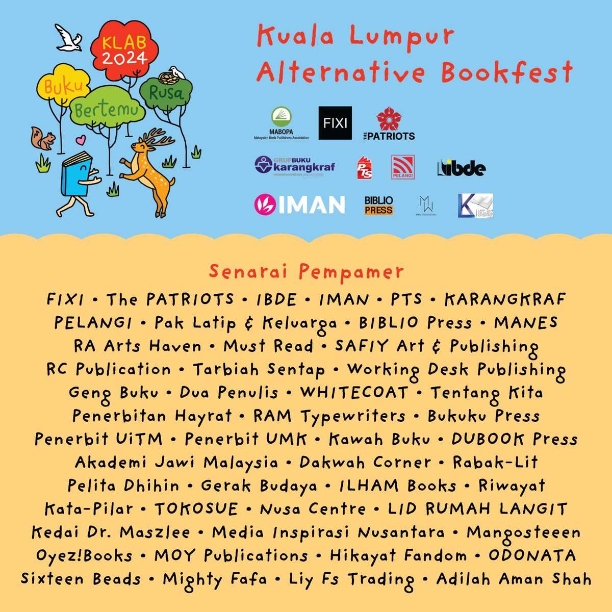 BukuFixi's tweet photo. Khamis hingga Ahad ini ~ #KLAB2024 (KL Alternative Bookfest) kembali ke Central Market KL yang kini berwajah baru!
Kami ada slot pentas untuk pelancaran #SyairJaranTamasa pada Sabtu 12pm.
Semua buku Fixi yang masih in print akan dijual sepanjang 4 hari ini. https://t.co/yLyTUbRCyE