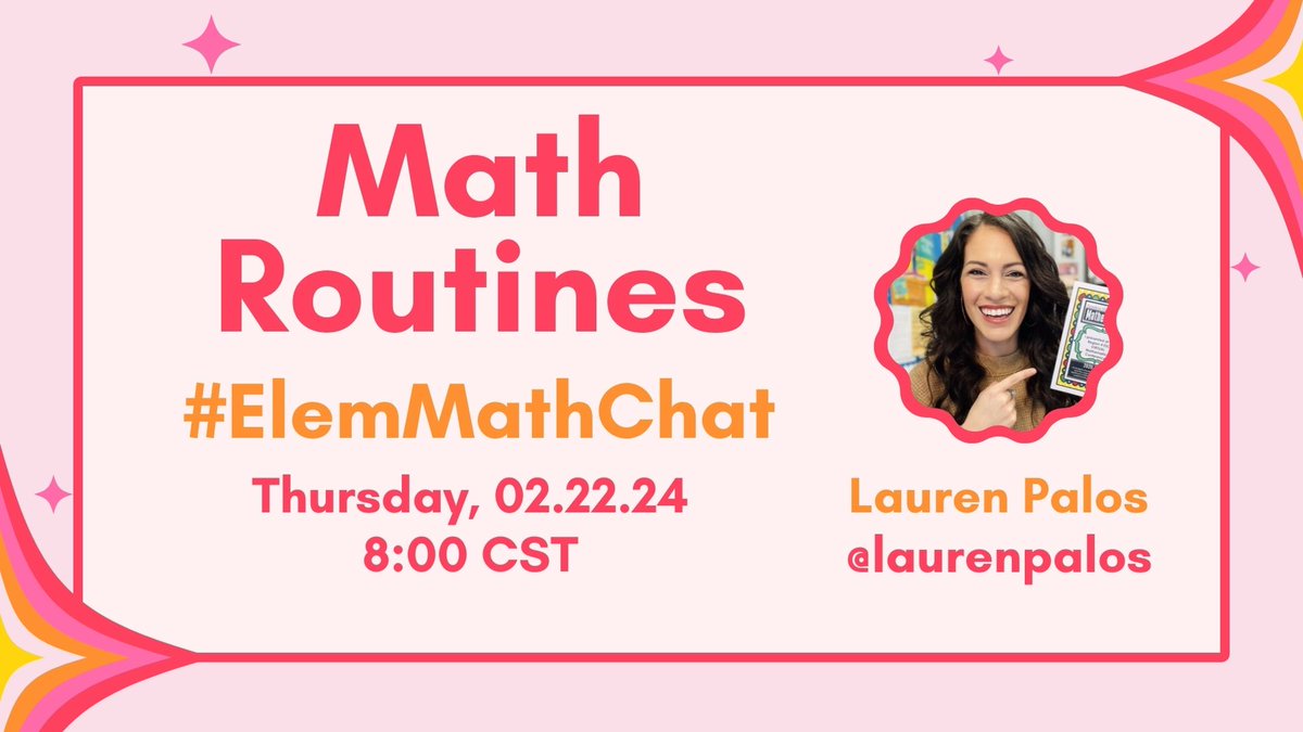 LaurenPalos's tweet image. Join us for Thursday&apos;s #ElemMathChat “Math Routines”! Let’s explore the ways we can support productive struggle, empower student voices, and deepen understanding through structured experiences! #PISDMathChat #ITeachMath #MTBoS #ChoralCounting #NumberTalks #WODB @StuchberyES