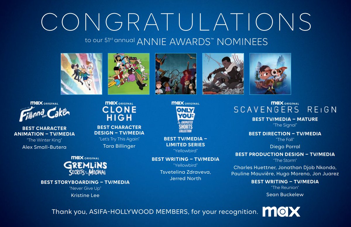 51st Annie Awards Digital Program ad from MAX, recognizing Best Character Design - TV/Media nominee @TaraBillinger