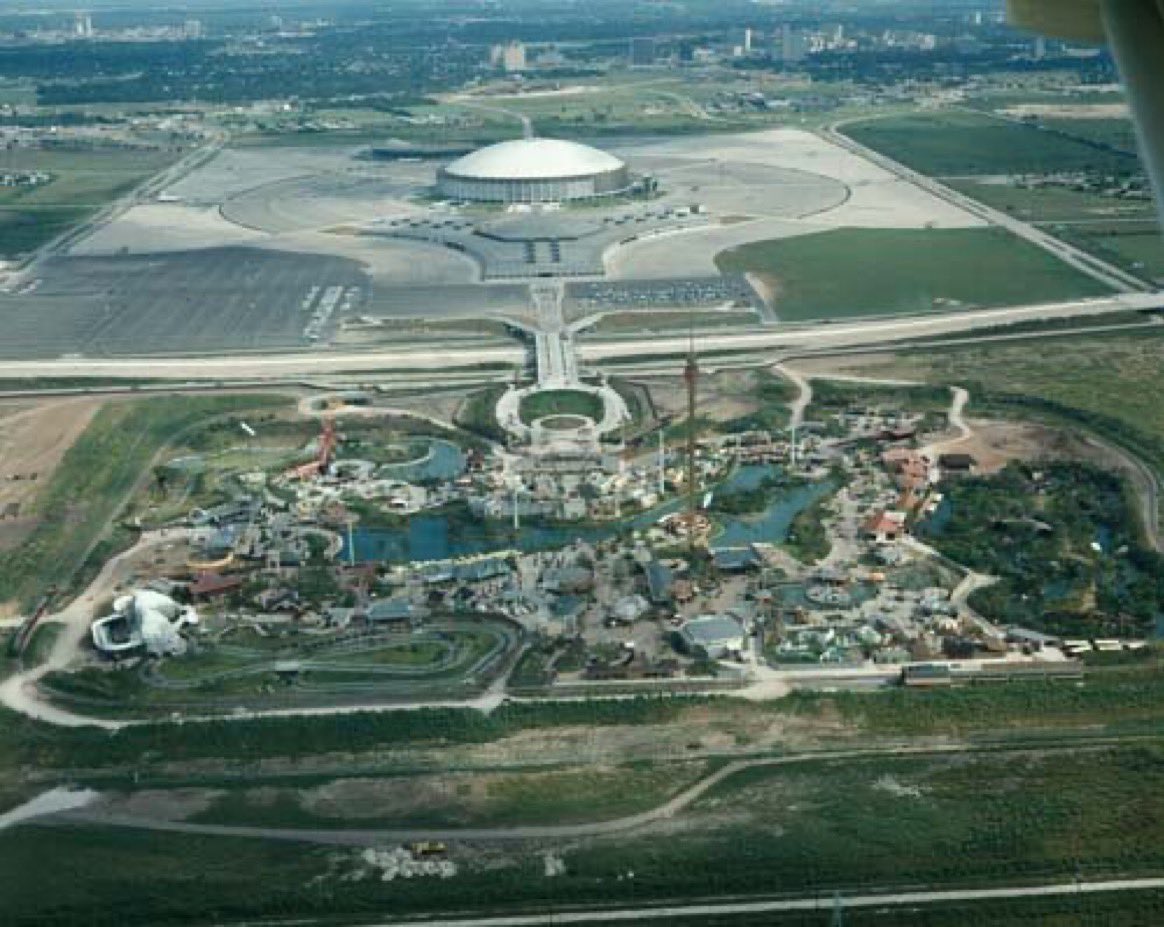 Aerial view of Astroworld and Astrodome