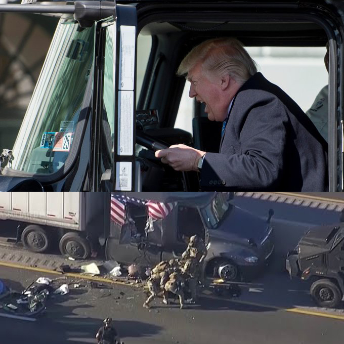 BREAKING: Former President Donald Trump has engaged in a spree of sorts, ultimately culminating in a multi-state high speed chase just now ending in Texas. Trucker Mel Tillis who was Trumps hostage said in a statement, 'He just lunged at me and took the wheel! The man's lost it.'