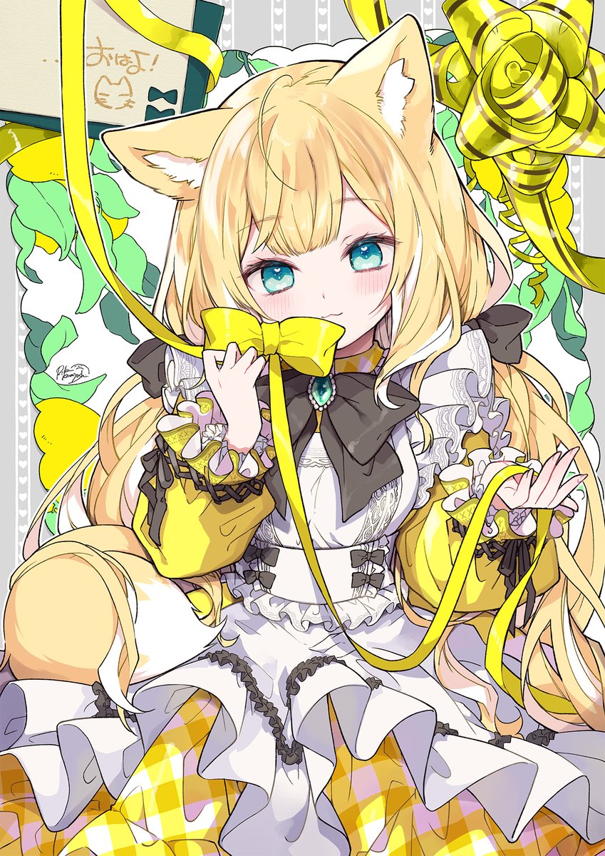 1girl animal ears yellow dress blonde hair solo long hair fox ears  illustration images