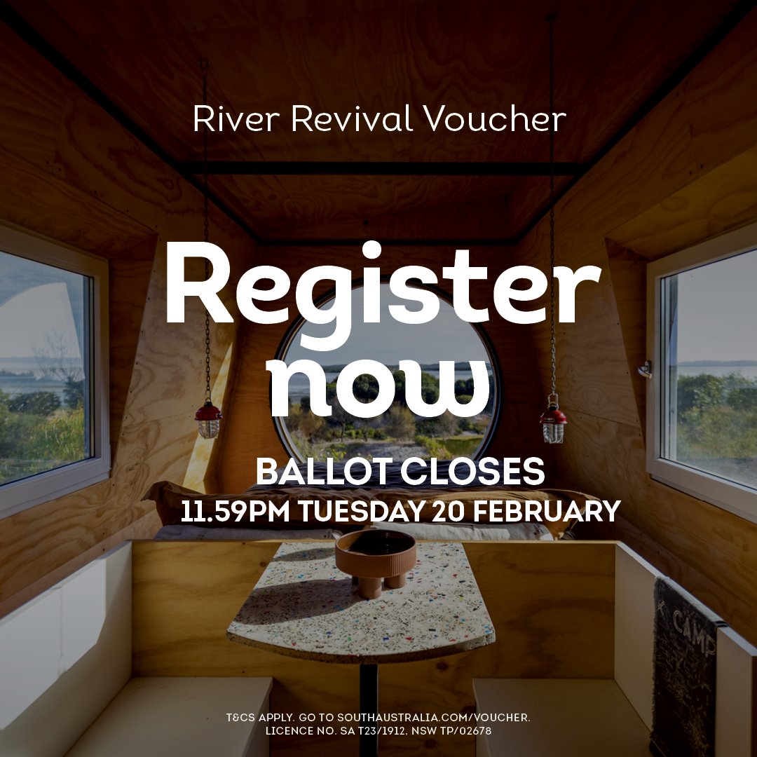 The ballot is open for the third & final #RiverRevivalVoucher round until 11:59pm tomorrow, Tuesday 20 February. Register for up to two voucher values, redeemable on over 100 participating operators across the Riverland and Murray River, Lakes & Coorong: tourism.sa.gov.au/news-articles/….