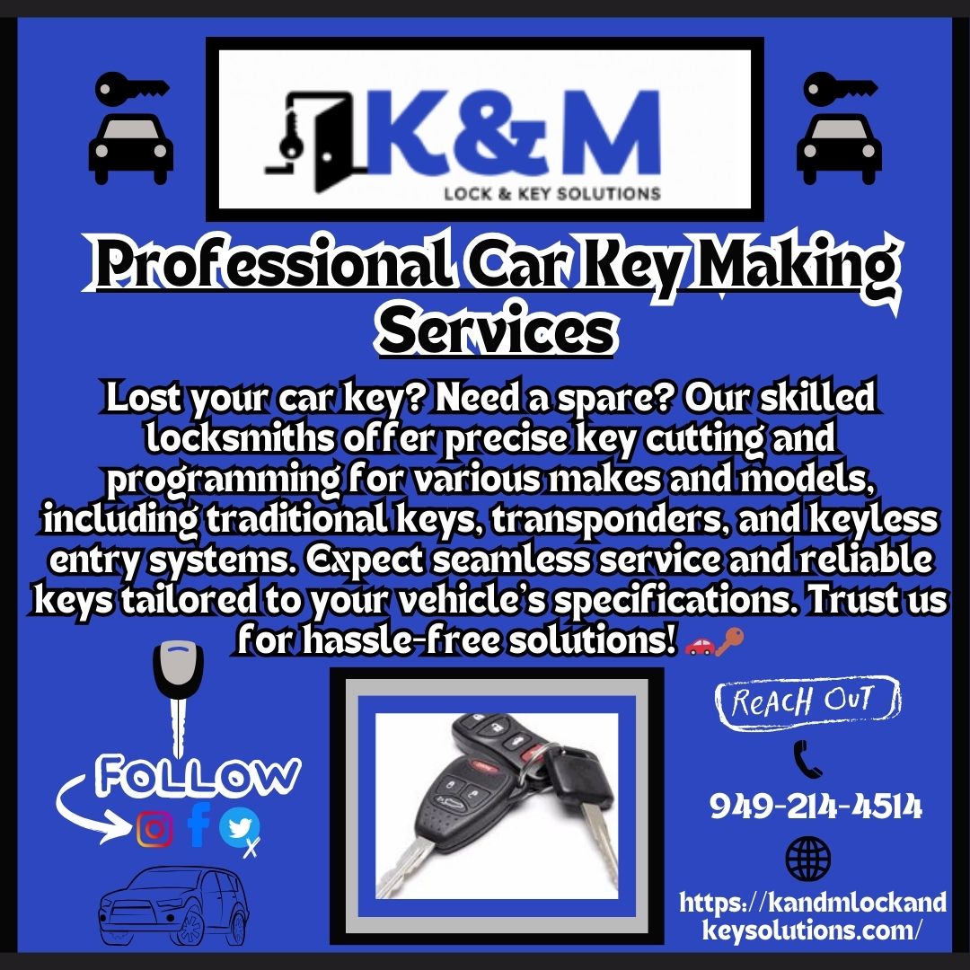 KandM_Lock's tweet photo. Locked out? Need a spare? 🚗🔑 K&amp;M Lock and Key Solutions has your back with professional car key making services! Our skilled locksmiths ensure precise cutting and programming for various key types. Get back on the road hassle-free!

#CarKeyServices #lockedoutsolution #Locksmith https://t.co/vbRCGqGqBj