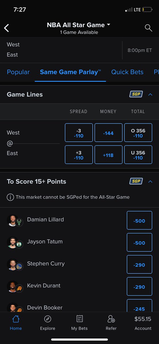 nick_morena10's tweet photo. @FDSportsbook @FanDuel_Support Would love to know why you offer a Same GameL Parlay section for the all star game but can’t actually make one 🤣🤣 #fraud https://t.co/1XTDzrD5WP
