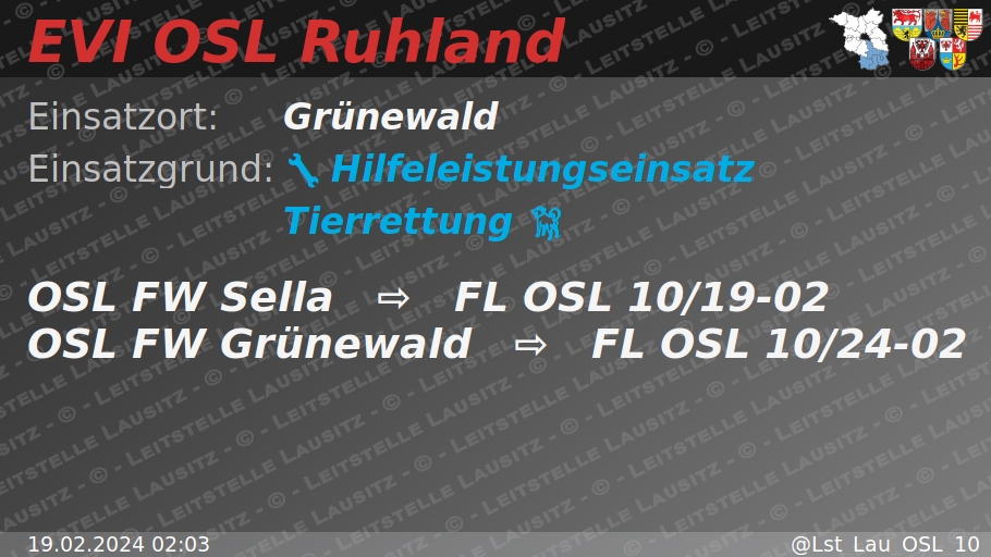🔕 19.02.2024 02:03 🔧 🐕 H:Tier-in-Not 🌐 Grünewald 🚒 ⇨ FW Sella, FW Grünewald wachalarm.leitstelle-lausitz.de/dbrd/1d616d9e-…