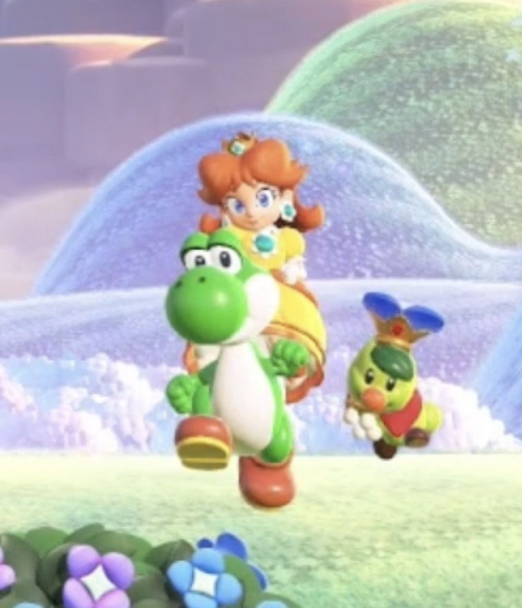 RoyalDeijiHimeX's tweet photo. Daisy riding Yoshi is so cute 💛💚 https://t.co/Z0tBtP05Xq