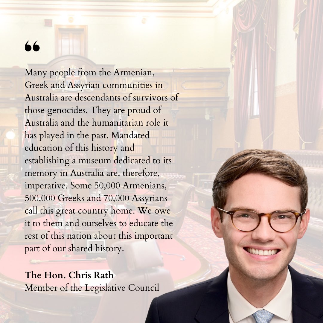 Thank you to The Hon. @ChrisRathMLC for championing New South Wales' historic motion to establish an Armenian Genocide museum and to incorporate Armenian, Greek, and Assyrian Genocide education in the NSW curriculum. 🇦🇲🇦🇺
