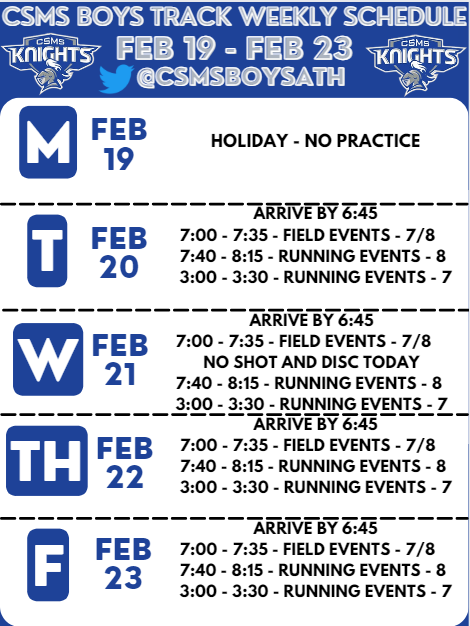 CSMSBoysAth's tweet photo. Week 3 Track Schedule https://t.co/VgUzGqlEBo