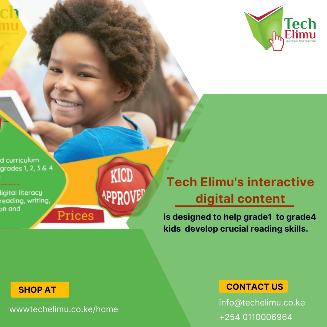 techelimu_ke's tweet photo. Discover Tech Elimu's digital content tailored to enhance your child's academic success from grades 1 to 4, aligned with the competency-based curriculum. Explore our shop at https://t.co/48wyFYQy1a  content starting from just 99/-. #InteractiveLearning #literacy #education #kids https://t.co/ViXTJFytpN