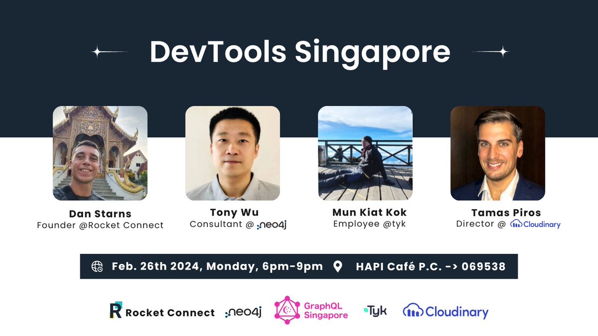 Hi Techies in Singapore, We are having a meetup talking about Devtools in the evening on next Monday, Feb. 26th. 6pm - 9pm. Guests : Dan Starns @dan_starns from Rocket Connect, Tamas Plros @tpiros from Cloudinary @cloudinary , Tony from Neo4j @neo4j and Mun Kiat Kok from