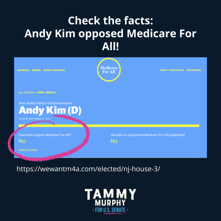 TammyMurphyNJ's tweet photo. #CheckTheFacts Andy Kim opposed Medicare for All. https://t.co/Df8mdXwYDV