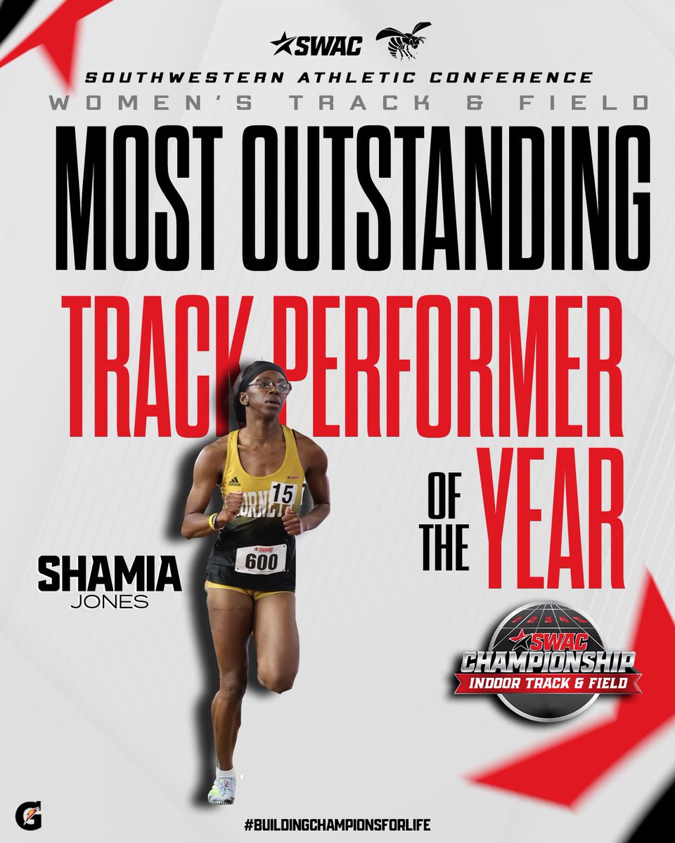 Congratulations to Alabama State’s (<a href="/BamaStateSports/">Bama State Athletics</a> ) Shamia Jones for claiming the 2024 SWAC Women’s Most Outstanding Track Performer of the Year award.

<a href="/gatorade/">Gatorade</a> 

#SWACTF | #BuildingChampionsForLife