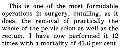 In 1908, British surgeon William Ernest Miles published his series on Abdomino-Perineal Excision, later called Miles’ Operation, in Lancet. He reported a mortality rate of 41.6%.