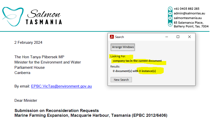 R_o_d_C's tweet photo. The salmon industry in Tasmania is entirely foreign-owned and pays no tax.

Amazing that these facts didn't make it into lobbyists Salmon Tasmania's 87 page submission on challenges to its environmental approvals. @TheAusInstitute https://t.co/65nFGOVahc