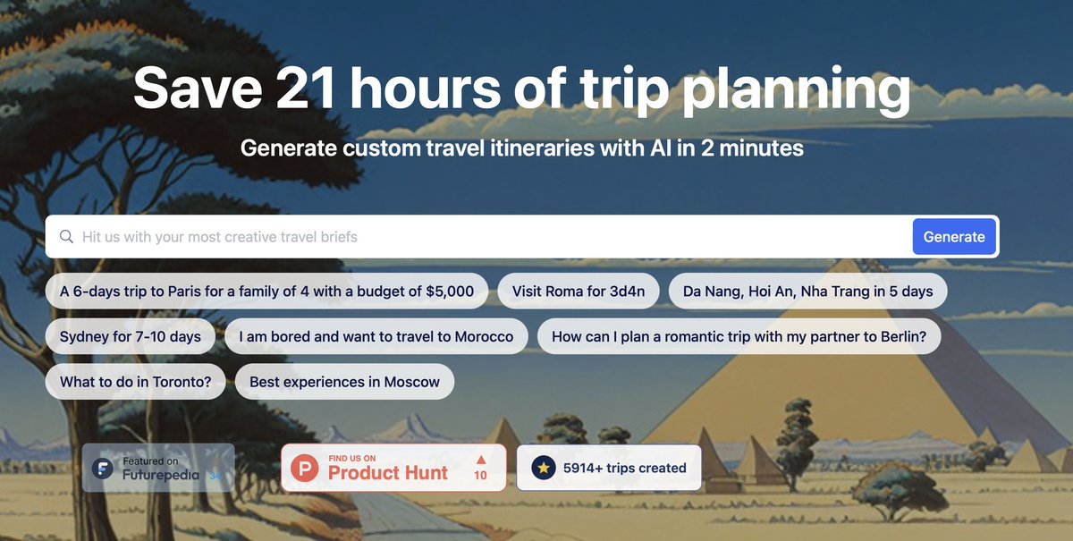 johnydnguyen's tweet photo. PlanTrips, our AI-powered trip planner, got ~ 6,000 generated itineraries from organic traffic.
Any suggestions for monetization aside from affiliate offers in the content?
#plantrips #AItripplanner https://t.co/R6UljVtHi1
