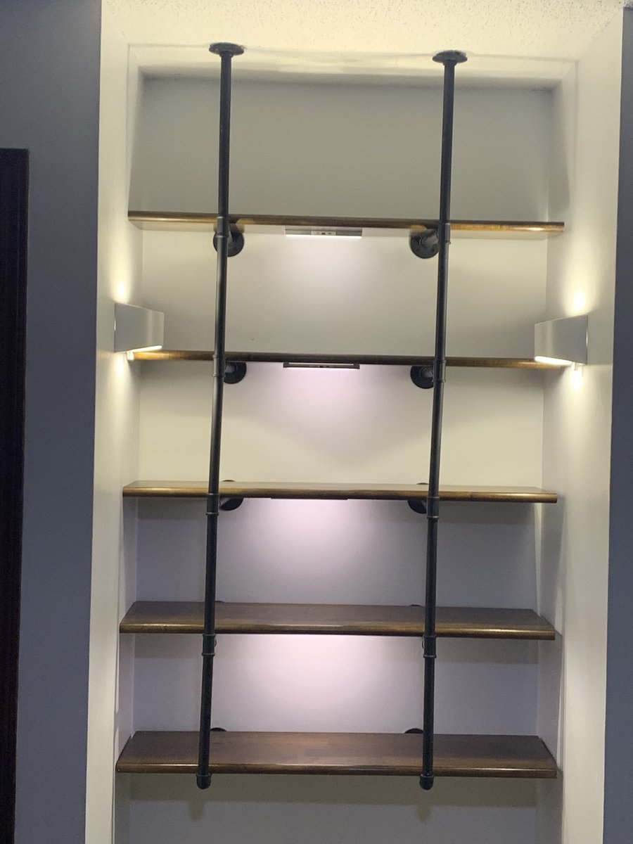devildogmrk's tweet image. Finished bedroom niche / nook shelving. After new dimmable sconce lighting, making the shelves, staining, layering polyurethane, building / hanging pipes, &amp;amp; placing shelves on pipes. Then installing magnetic, rechargeable lights on each shelf. I think it turned out rather nice.