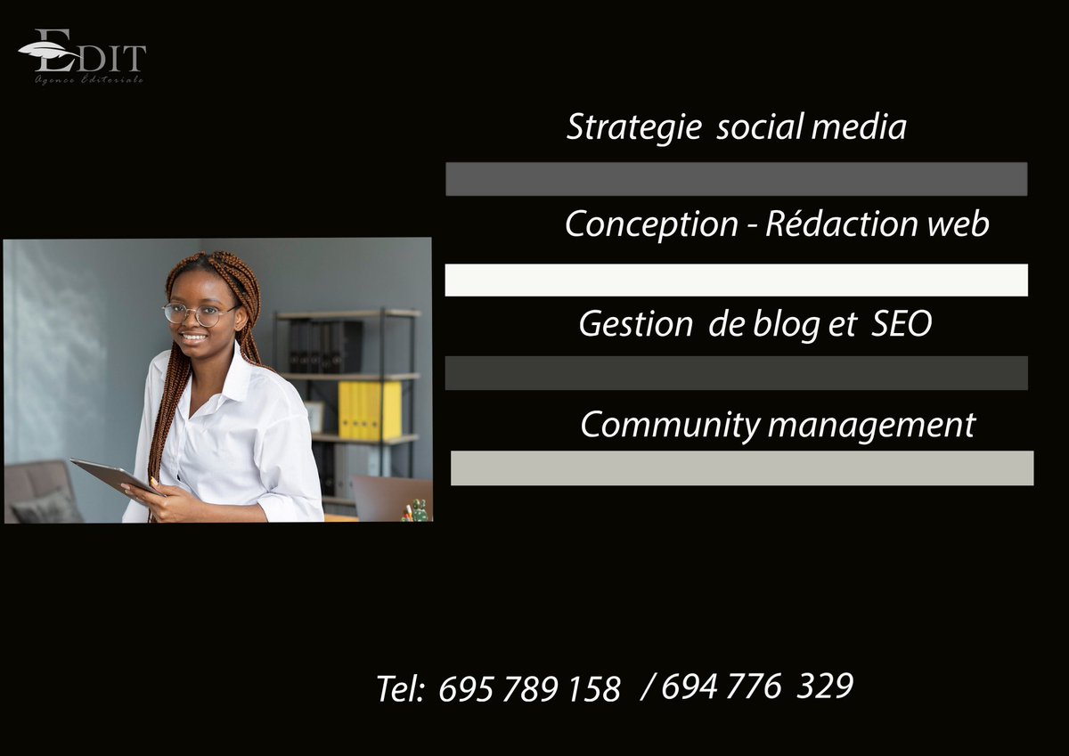 Editagence's tweet photo. Nous communiquons pour vous et vous accompagnons dans le processus de: 
✅️Visibilité, ✅️Notoriété 
✅️Branding  ✅️Relations Presses ✅️Copywriting 
✅️Stratégie éditioriale etc.

Nos mettons à votre disposition nos meilleures  stratèges et les plumes artistiques. https://t.co/VuZXClPRI9