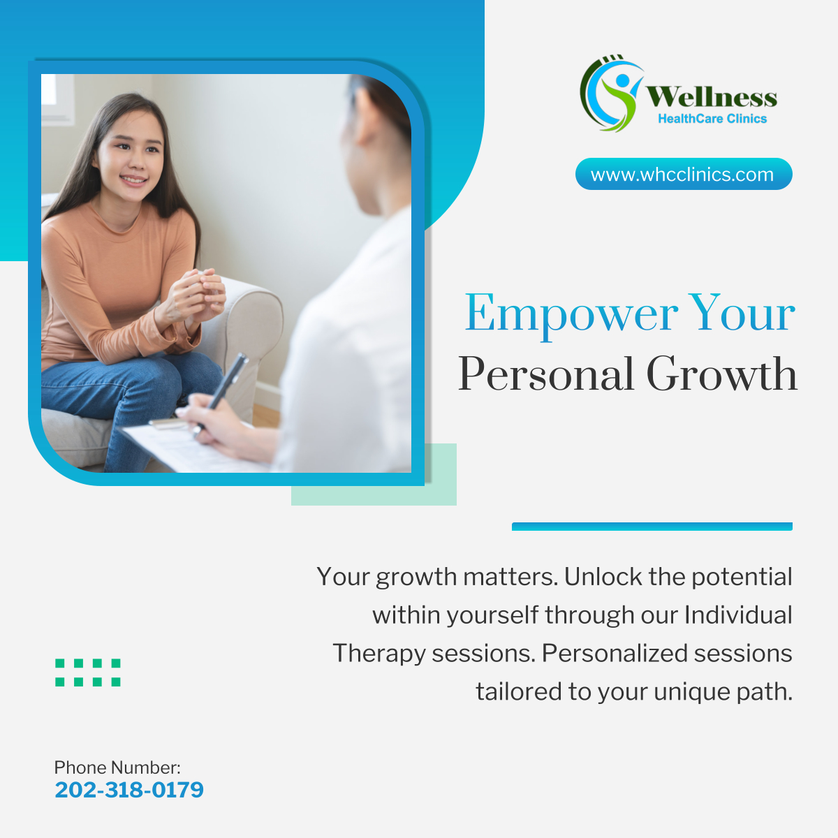 Empower your journey of self-discovery with Individual Therapy. Our skilled therapists provide a confidential and personalized space to explore your thoughts, feelings, and goals. 

#WashingtonDC #IndividualTherapy #Psychotherapy