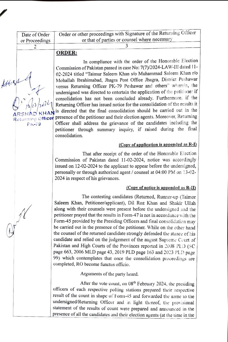 Jhagra's tweet photo. 🧵2. After the hearing, a written order  produced by the RO contradicted everything that happened in the meeting.

The RO left the office, and left the order for his staff to hand over, at 4 PM on February 15th.

The order claims the opposing candidate and his lawyer were present in the hearing, and actually argued their cases. This is not true.

The order claims that the candidates were present when the vote count was made on February 8th. This is not true, and verifiable by multiple witnesses.

The order is a copy paste of 7 other orders to 7 other cases, on which I conducted a press conference yesterday.

There is a criminal cover up on the 8 seats in Peshawar in which Election results were changed. I have intimated both the CS and the IG of the role of some of their staff. In my personal and humble opinion, a lack of action, typical bureaucratic strategy by senior officials to not get their hands dirty, may in the future have legal consequences.

Off to the @ECP_Pakistan again today. Again to stress, what has happened cannot be hidden. The stench of compensation in changing these results is one that will bite those taking no action back at the appropriate time.