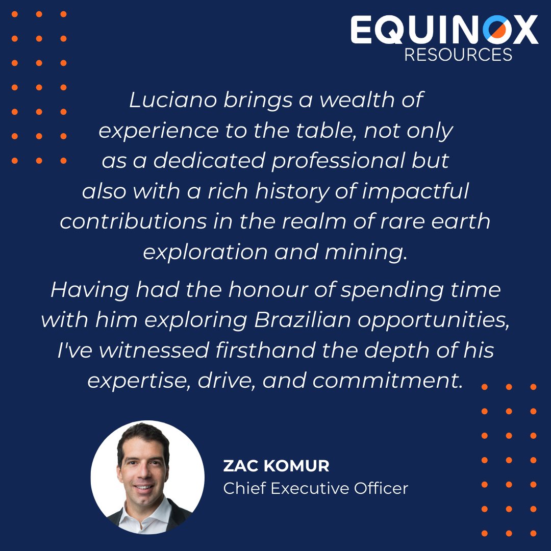 Equinox Resources is pleased to announce the appointment of highly experienced geologist Luciano Bruno Oliviera to spearhead its strategic exploration push in Brazil. ow.ly/yvjG50QEJ2P $EQN #Brazil #appointment #resources #ASX #criticalminerals