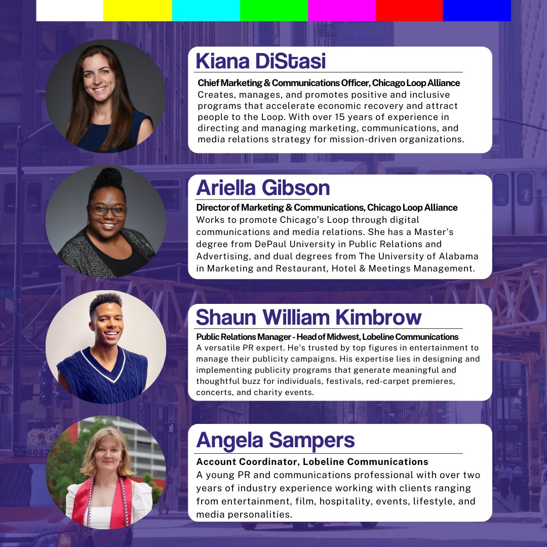 PRessPlayDePaul's tweet photo. Dive into the world of Entertainment and Tourism PR with Lobeline Communications and the Chicago Loop Alliance! ⭐️ 

Get excited for a dynamic discussion led by industry experts. Discover the power of strategic storytelling and community engagement in public relations! 🎬 https://t.co/d6zTcOUY9q