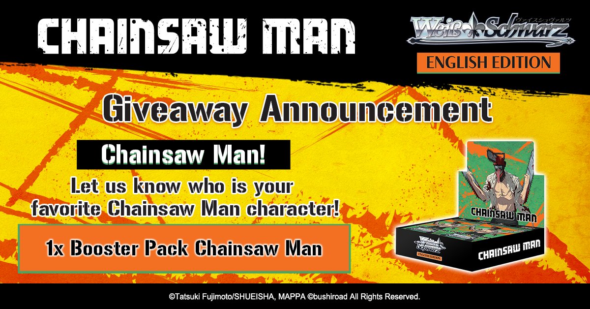 weissschwarz_en's tweet photo. 🎁 Giveaway! 🎁

Who is your favorite character from Chainsaw Man? 
Let us know in the comments below!

One lucky winner will walk away with 1x Booster Pack Chainsaw Man display!

🔗 https://t.co/PwrHqYV5LM

#WeissSchwarz #TCG #Chainsawman https://t.co/PN8QjpzP5B