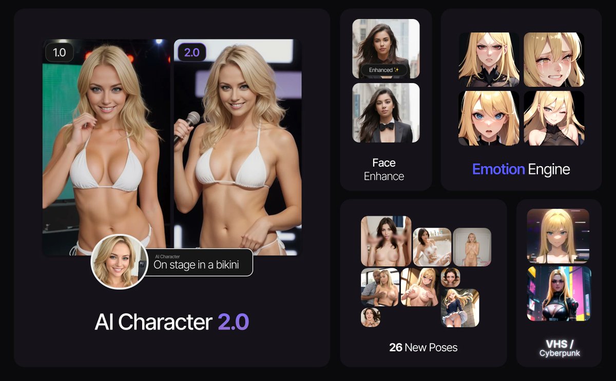 Introducing AI Character 2.0 &amp; more on Promptchan! 🚀 New dynamic &amp; realistic characters, Emotion Engine, 26 steamy poses, VHS/Cyberpunk filters, Face Enhance &amp; direct Album Creation. Elevate your creativity: promptchan.ai #Promptchan #AIart #aigirls #AIArtCommuity