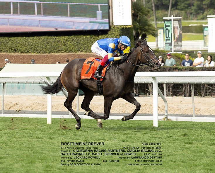 Leopowellracing's tweet photo. Firsttimeinforever ❄️ repeats @santaanitapark and makes it two in a row under @FrankieDettori . Congrats to partners @CaRacingPartner @GattoRacingLLC @JoeCiaglia and looking forward the development of this daughter of @WinStarFarm Always Dreaming as she climbs the ranks! https://t.co/wAbjNhOfMJ