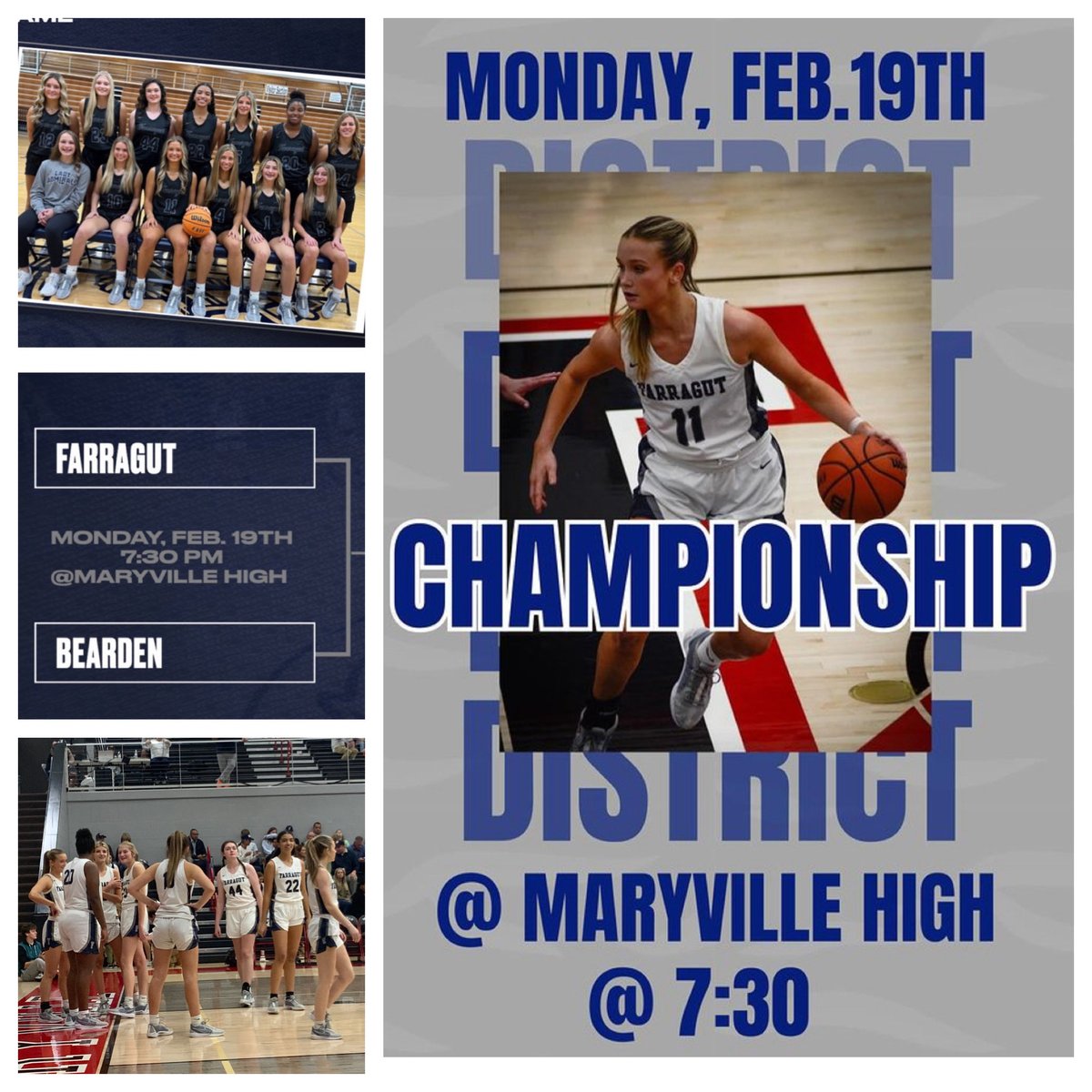 jack tate (@coachtatefhs20) on Twitter photo 🏀 MONDAY NIGHT BASKETBALL ⚓️
DISTRICT 4-AAAA TOURNAMENT ⚓️🏀 GIRLS CHAMPIONSHIP
Farragut Lady Admirals vs Bearden Lady Bulldogs
7:30 PM at Maryville High School
____
6:00 William Blount vs Maryville (3rd Place Game)
<a href="/prepxtra/">PrepXtra</a> <a href="/5StarPreps/">5Star Preps</a> <a href="/FHSbball/">Farragut Basketball</a> <a href="/TDT_Sports/">Daily Times Sports</a> <a href="/jasonmayfield/">Jason Mayfield</a> 🏀 MONDAY NIGHT BASKETBALL ⚓️
DISTRICT 4-AAAA TOURNAMENT ⚓️🏀 GIRLS CHAMPIONSHIP
Farragut Lady Admirals vs Bearden Lady Bulldogs
7:30 PM at Maryville High School
____
6:00 William Blount vs Maryville (3rd Place Game)
<a href="/prepxtra/">PrepXtra</a> <a href="/5StarPreps/">5Star Preps</a> <a href="/FHSbball/">Farragut Basketball</a> <a href="/TDT_Sports/">Daily Times Sports</a> <a href="/jasonmayfield/">Jason Mayfield</a>